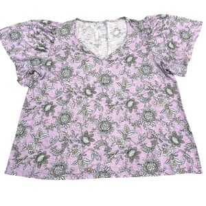 Lane Bryant 14/16 Purple Floral Flutter Sleeve Top V Neck Cotton Modal Plus Size